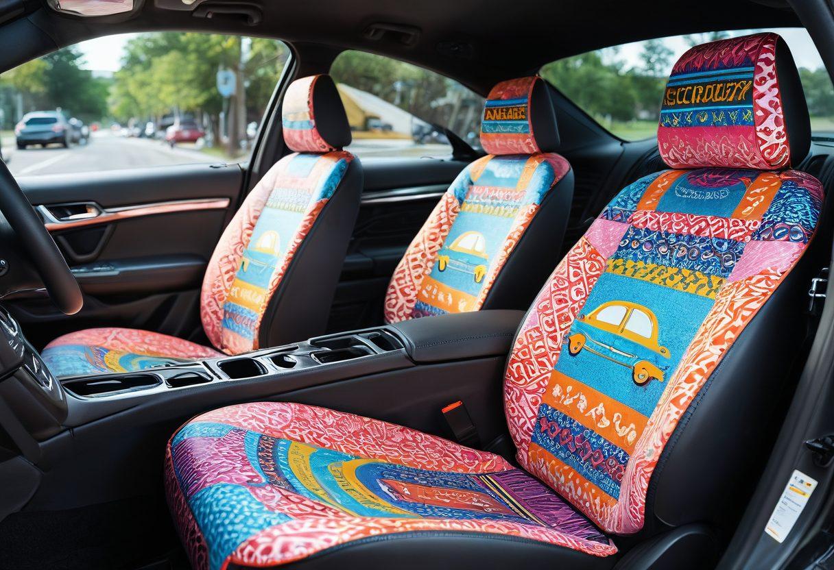 A creative car interior filled with unique decor items like vibrant steering wheel covers, personalized seat covers, and quirky air fresheners. Include a scenic road in the background to convey the joy of driving. The colors should be bold and eye-catching, highlighting the fun and individuality of car personalization. super-realistic. vibrant colors. 3D.