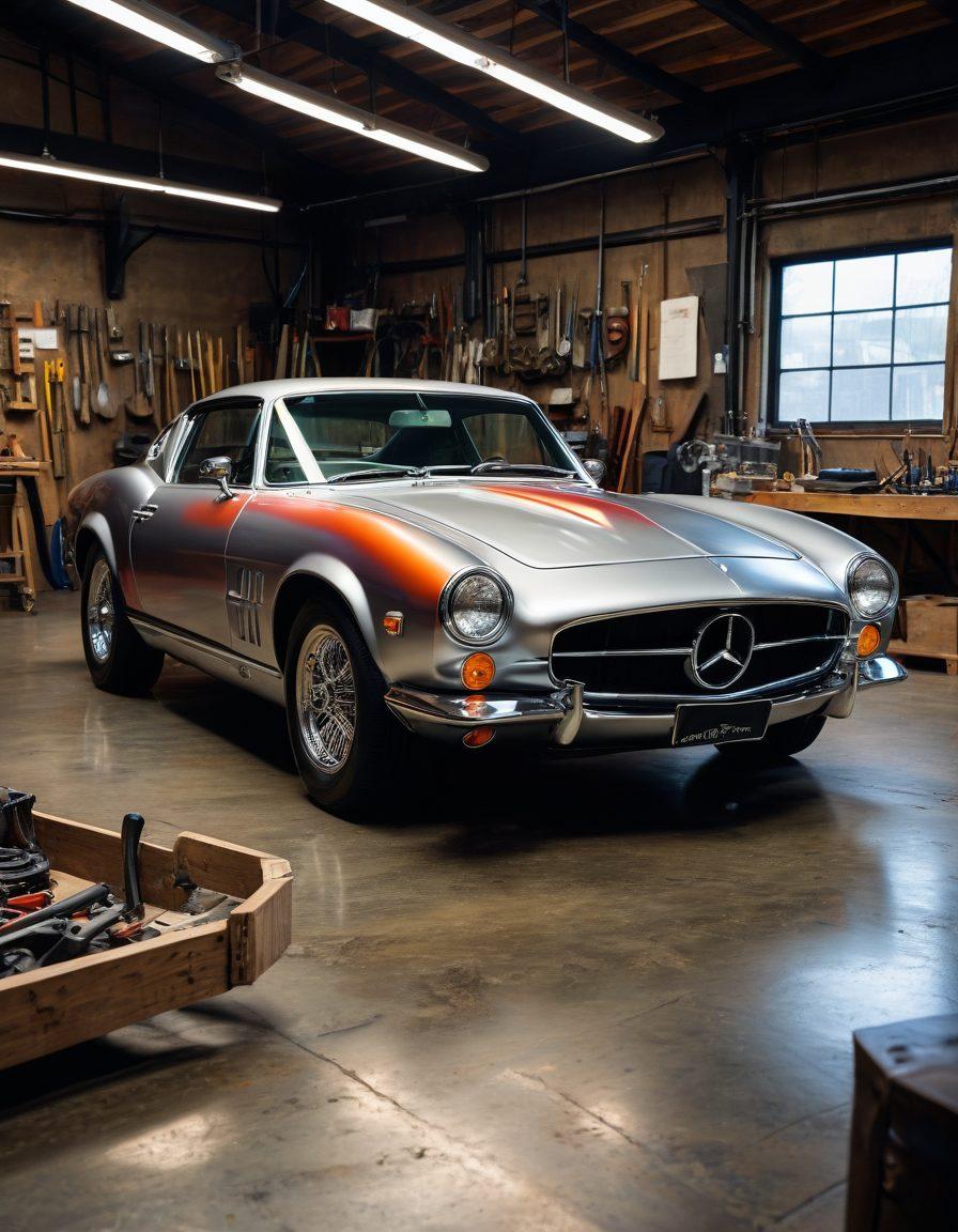 A sleek, custom car frame displayed in an artistic workshop, surrounded by vibrant tools and materials. The frame should showcase unique designs, reflecting creativity and style, while mechanics are diligently working in the background. The lighting emphasizes the metallic texture of the frame, with a palette of bright colors highlighting craftsmanship. painterly style. vibrant colors. studio setting.