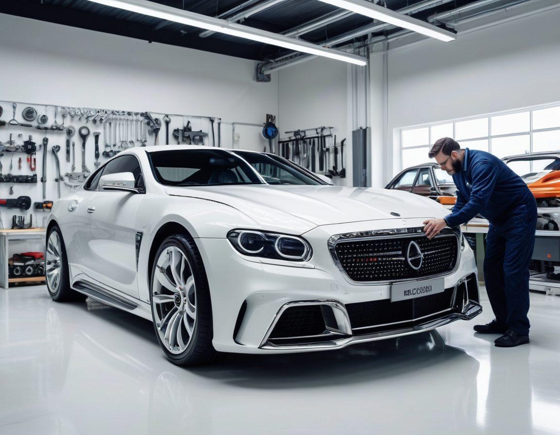 A sleek automobile frame being customized in a modern workshop, showcasing a variety of tailored features like different styles and colors of frames. A mechanic is passionately working on the frame with tools around. Bright lighting highlights the details and textures of the metalwork. Vibrant colors in the background emphasize creativity and personalization. futuristic design. super-realistic. vibrant colors. white backdrop.
